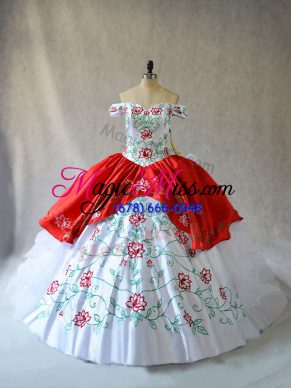Lace Up Ball Gown Prom Dress White And Red for Sweet 16 and Quinceanera with Embroidery and Ruffled Layers