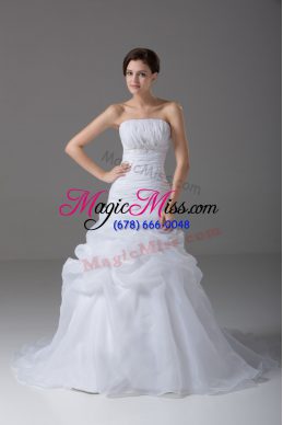 Elegant White Organza Lace Up Strapless Sleeveless Wedding Dresses Brush Train Beading and Pick Ups