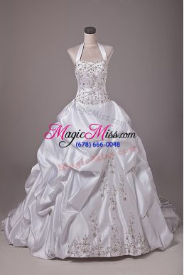 On Sale White Ball Gowns Halter Top Sleeveless Taffeta Brush Train Lace Up Beading and Embroidery and Pick Ups Wedding Dresses