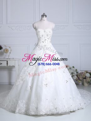 Elegant Beading and Lace Wedding Dresses White Lace Up Sleeveless Chapel Train
