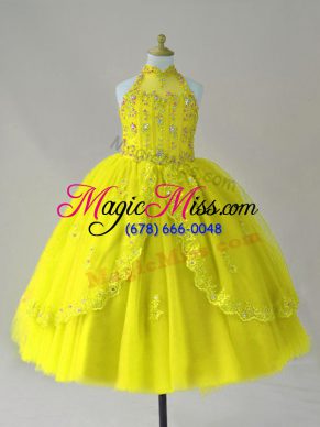 Glorious Yellow Ball Gowns High-neck Sleeveless Tulle Floor Length Lace Up Beading and Appliques Girls Pageant Dresses