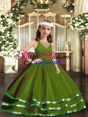 V-neck Sleeveless Pageant Dress Wholesale Floor Length Ruffled Layers Green Tulle
