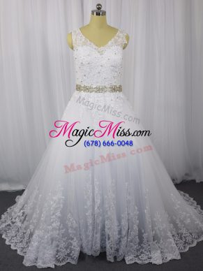 Pretty White Tulle Zipper V-neck Sleeveless Wedding Dress Brush Train Beading and Lace
