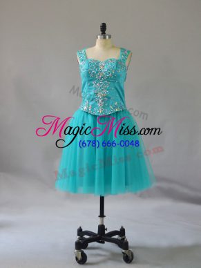 Best Selling Turquoise Tulle Zipper Straps Sleeveless Mini Length Prom Gown Beading