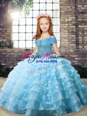 Organza Sleeveless Pageant Gowns For Girls Brush Train and Beading and Ruffled Layers