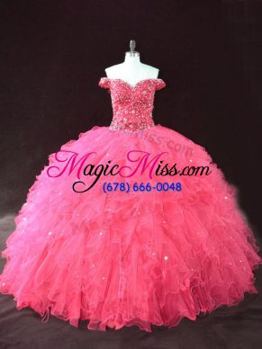 Superior Hot Pink Tulle Lace Up Off The Shoulder Sleeveless Floor Length 15 Quinceanera Dress Beading and Ruffles