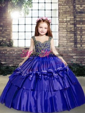 Blue Ball Gowns Beading Winning Pageant Gowns Lace Up Taffeta Sleeveless