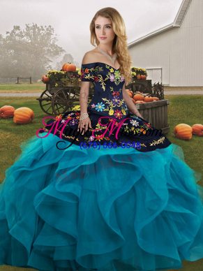 Elegant Teal Quinceanera Gowns Military Ball and Sweet 16 and Quinceanera with Embroidery and Ruffles Off The Shoulder Sleeveless Lace Up