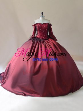 Excellent Burgundy Off The Shoulder Lace Up Beading Sweet 16 Dresses Brush Train Long Sleeves
