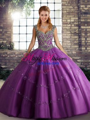 Elegant Sleeveless Floor Length Beading and Appliques Lace Up Sweet 16 Quinceanera Dress with Purple