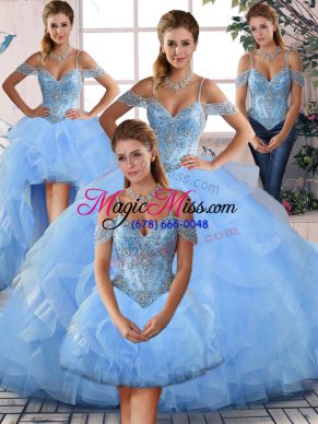 Fancy Blue Quince Ball Gowns Off The Shoulder Lace Up