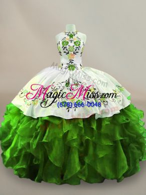 Green Halter Top Lace Up Embroidery Quinceanera Gowns Sleeveless