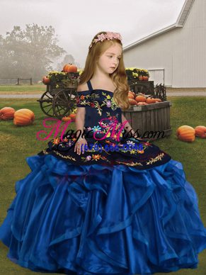 Ball Gowns Little Girls Pageant Gowns Blue Straps Organza Sleeveless Floor Length Lace Up