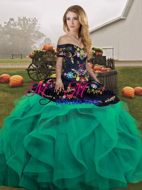 Spectacular Tulle Off The Shoulder Sleeveless Lace Up Embroidery and Ruffles Quince Ball Gowns in Turquoise