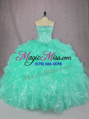 Floor Length Turquoise Quince Ball Gowns Organza Sleeveless Beading and Ruffles