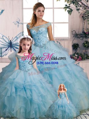 Light Blue Organza Lace Up 15th Birthday Dress Sleeveless Floor Length Beading and Ruffles