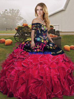 Dynamic Sleeveless Organza Floor Length Lace Up Quinceanera Gowns in Red And Black with Embroidery and Ruffles