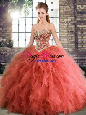 Floor Length Lace Up Ball Gown Prom Dress Coral Red for Military Ball and Sweet 16 and Quinceanera with Beading and Ruffles