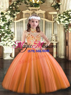 Stunning Appliques Pageant Gowns For Girls Orange Lace Up Sleeveless Floor Length