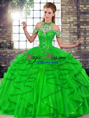 Green Ball Gowns Tulle Halter Top Sleeveless Beading and Ruffles Floor Length Lace Up Sweet 16 Dresses