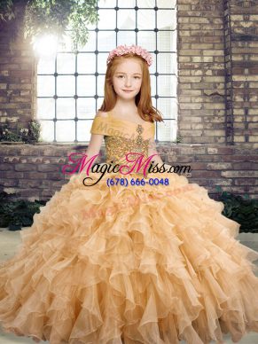 Latest Sleeveless Lace Up Floor Length Beading and Ruffles Little Girl Pageant Dress