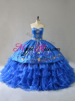 Exquisite Royal Blue Lace Up Sweetheart Embroidery and Ruffles 15 Quinceanera Dress Satin Sleeveless