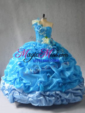 Fashion Floor Length Baby Blue 15 Quinceanera Dress Organza Sleeveless Pick Ups and Hand Made Flower