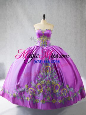 Sweet Satin Sweetheart Sleeveless Lace Up Embroidery Sweet 16 Dresses in Lilac