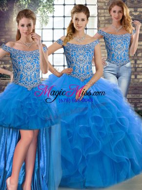 Hot Selling Three Pieces Sleeveless Blue Quinceanera Gown Brush Train Lace Up
