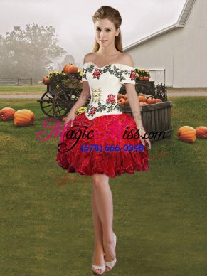 Red Ball Gowns Off The Shoulder Sleeveless Organza Mini Length Lace Up Embroidery and Ruffles Homecoming Dress