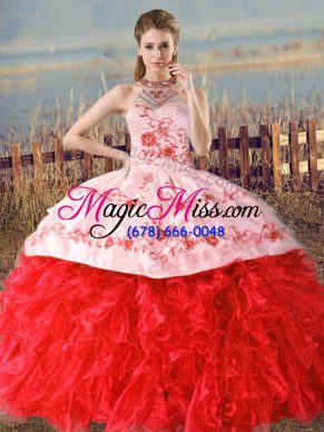Custom Designed Halter Top Sleeveless Organza Sweet 16 Dress Embroidery and Ruffles Court Train Lace Up