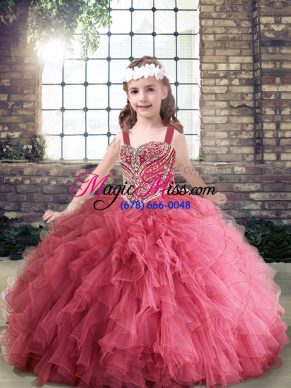Charming Sleeveless Floor Length Beading and Ruffles Lace Up Child Pageant Dress with Pink