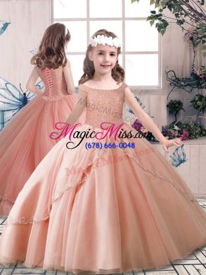 Sleeveless Floor Length Beading Lace Up Pageant Dress for Girls with Peach