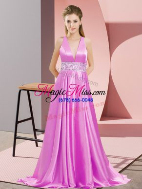 Charming Lilac Backless Prom Dresses Beading Sleeveless Brush Train