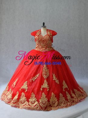 Court Train Ball Gowns Sweet 16 Dress Red Sweetheart Tulle Sleeveless Lace Up