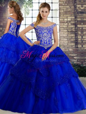 Royal Blue Sleeveless Brush Train Beading and Lace Quinceanera Gowns