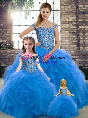 Designer Brush Train Ball Gowns Quinceanera Dresses Blue Off The Shoulder Tulle Sleeveless Lace Up