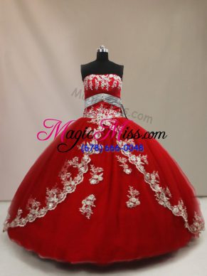 Modern Red Tulle Lace Up Strapless Sleeveless Floor Length Sweet 16 Quinceanera Dress Appliques