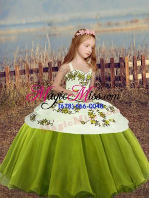 Olive Green Organza Lace Up Pageant Dresses Sleeveless Floor Length Embroidery