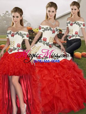 Fabulous White And Red Three Pieces Organza Off The Shoulder Sleeveless Embroidery and Ruffles Floor Length Lace Up Sweet 16 Dresses