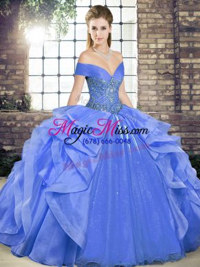 Artistic Blue Organza Lace Up Off The Shoulder Sleeveless Floor Length Quinceanera Gown Beading and Ruffles
