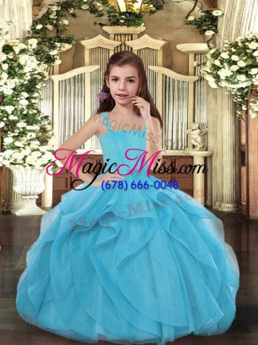 Best Floor Length Ball Gowns Sleeveless Blue Little Girls Pageant Dress Lace Up