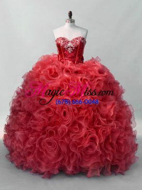 Edgy Red Ball Gowns Sequins Quinceanera Gowns Lace Up Organza Sleeveless Floor Length