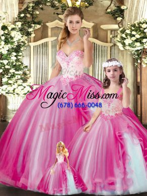 Admirable Fuchsia Ball Gowns Tulle Sweetheart Sleeveless Beading Floor Length Lace Up Quinceanera Gown