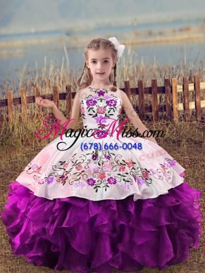 High End Purple Lace Up Little Girls Pageant Dress Wholesale Embroidery and Ruffles Sleeveless Floor Length