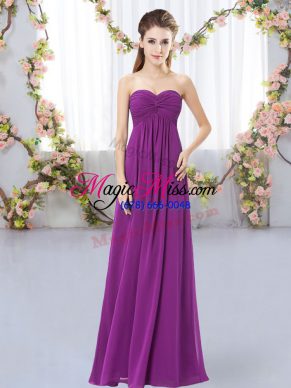 Clearance Purple Chiffon Zipper Sweetheart Sleeveless Floor Length Dama Dress for Quinceanera Ruching