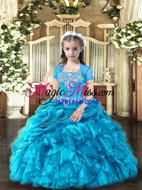 High Quality Floor Length Baby Blue Winning Pageant Gowns Straps Sleeveless Lace Up