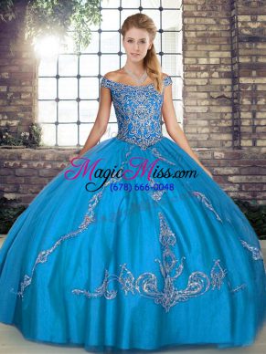 Popular Blue Tulle Lace Up Sweet 16 Dresses Sleeveless Floor Length Beading and Embroidery
