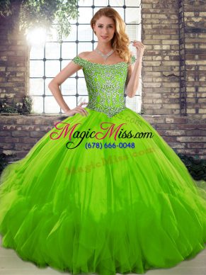 Luxurious Sleeveless Tulle Floor Length Lace Up Quinceanera Dresses in with Beading and Ruffles