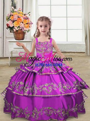Amazing Purple Satin Lace Up Straps Sleeveless Floor Length Child Pageant Dress Embroidery and Ruffled Layers